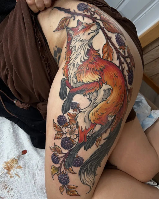 Big Neo Traditional Fox with Berries on Women Thigh Tattoo by @svmtattoo