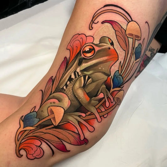 Big Neo Traditional Frog Mushrooms Flowers on Women Arm Tattoo by @riccardo_minieri_ttt