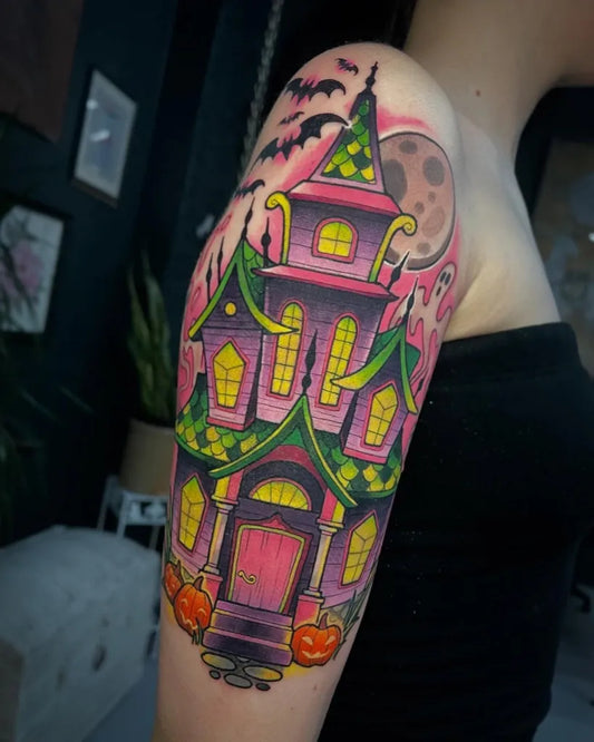 Big Neo Traditional Ghost House Pumpkins Tattoo on Women Arm by @nervatattoo