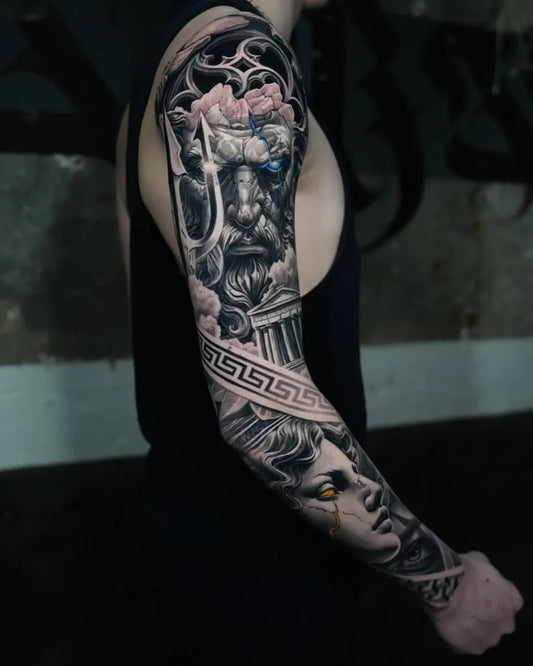 Big Neo Traditional Gorgon and Temple on Men Arm Tattoo by @no.regrets.studios
