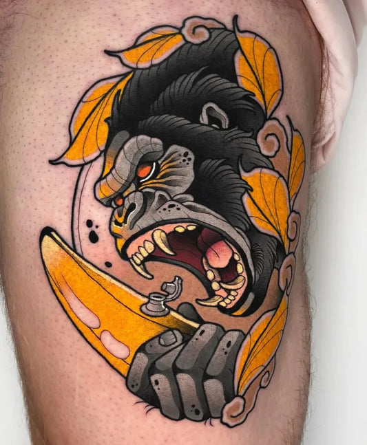Big Neo Traditional Gorilla Banana Leaves Tattoo on Men Thigh by @jj.neotraditional