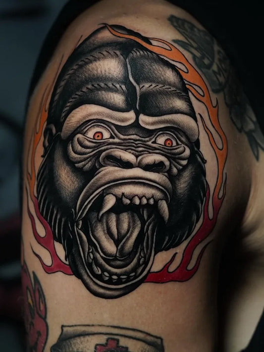 Big Neo Traditional Gorilla with Flames Tattoo on Men Arm by @nerograffite