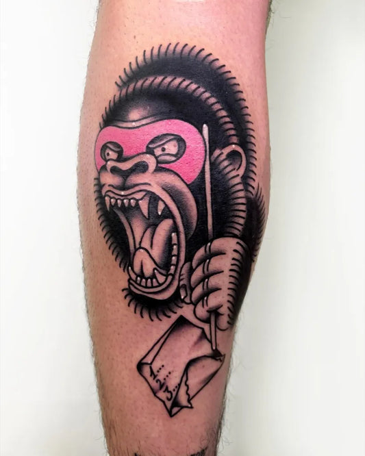 Big Neo Traditional Gorilla with Mailbag Tattoo on Men Leg by @feelingmega