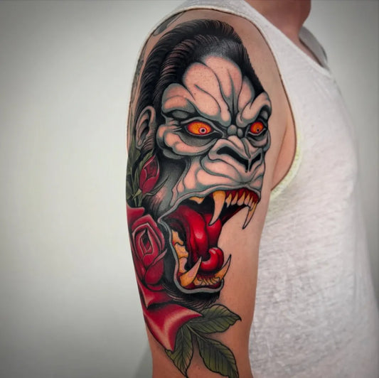 Big Neo Traditional Gorilla with Roses Tattoo on Men Shoulder by @taylorhealdtattoo