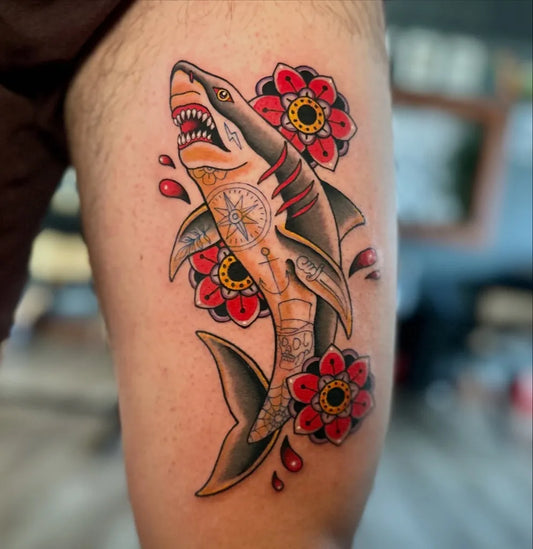 Big Neo Traditional Great White Shark with Compass and Red Flowers on Men Thigh Tattoo by @jess.c.tattoo