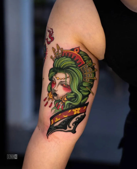Big Neo Traditional Green Haired Woman with Crown on Women Arm Tattoo by @pillo.zeros