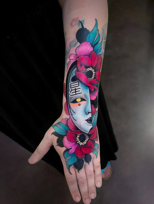 Big Neo Traditional Hannya Mask and Poppies on Women Arm Tattoo by @golden_brown_tattoo