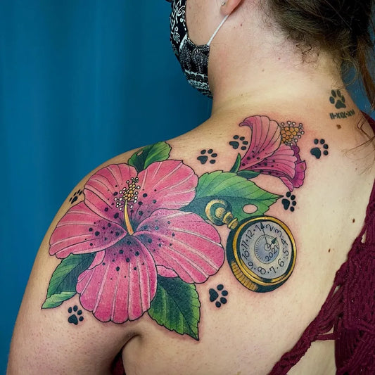 Big Neo Traditional Hibiscus Watch Paw Prints on Women Shoulder Tattoo by @patricksans
