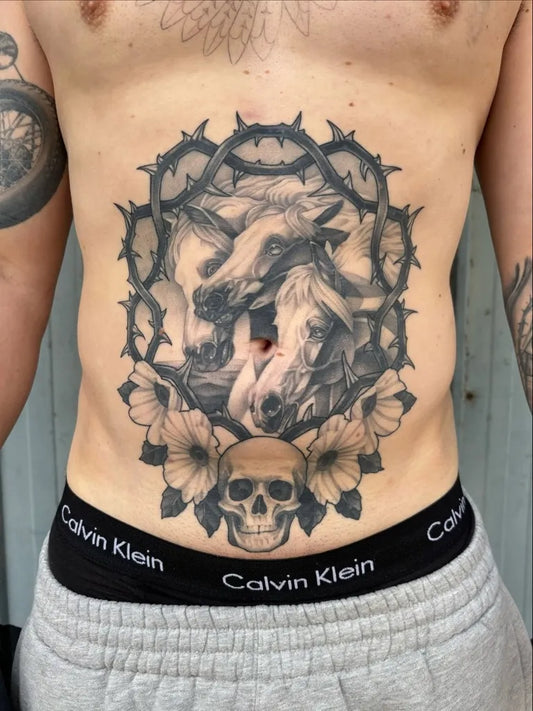 Big Neo Traditional Horses Skull on Men Torso Tattoo by @___soyboy