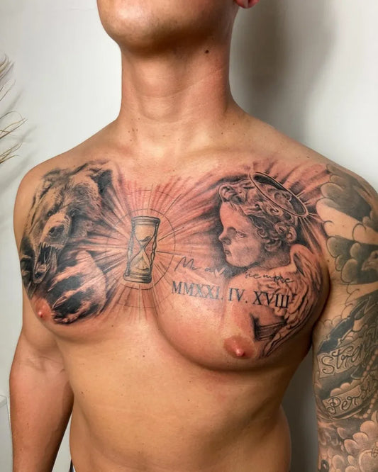 Big Neo Traditional Hourglass Lion Angel on Men Chest Tattoo by @judit.lena.tattoo