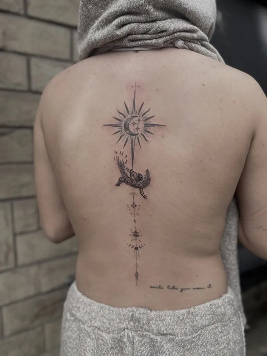 Big Neo Traditional Icarus with Compass Rose and Sun Moon on Women Back Tattoo by @inkin_ad