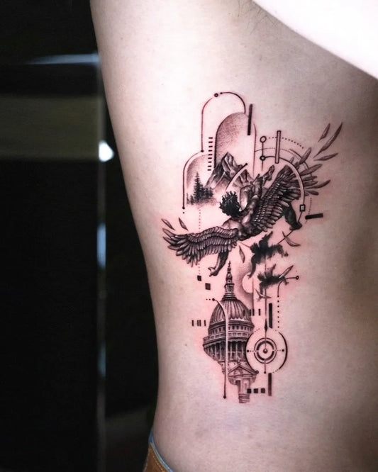 Big Neo Traditional Icarus with Eagle and Capitol on Men Rib Tattoo by @deos__tt