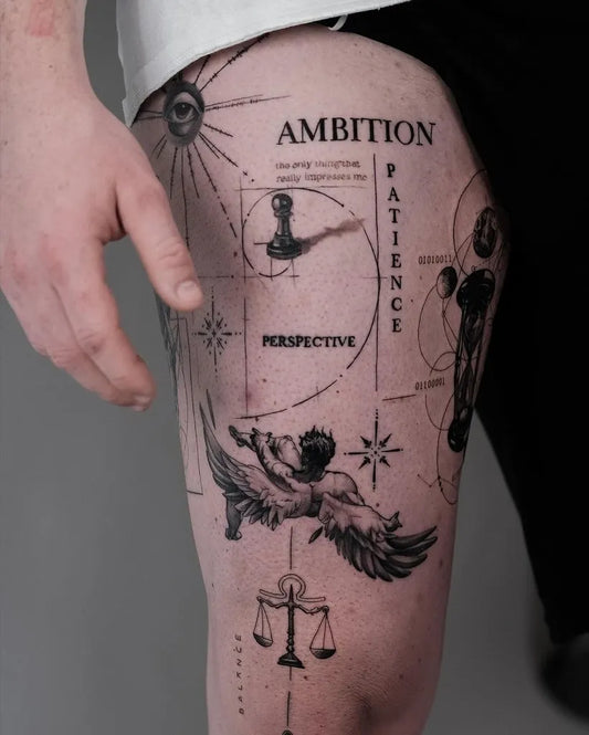 Big Neo Traditional Icarus with Scales and Geometric Shapes on Men Thigh Tattoo by @the.xx.ttt