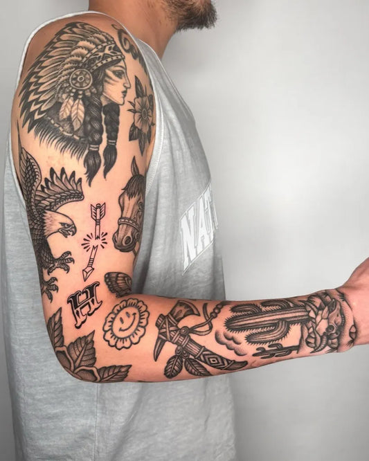 Big Neo Traditional Indian Headdress Eagle Cactus on Men Arm Sleeve Tattoo by @jae_tatt