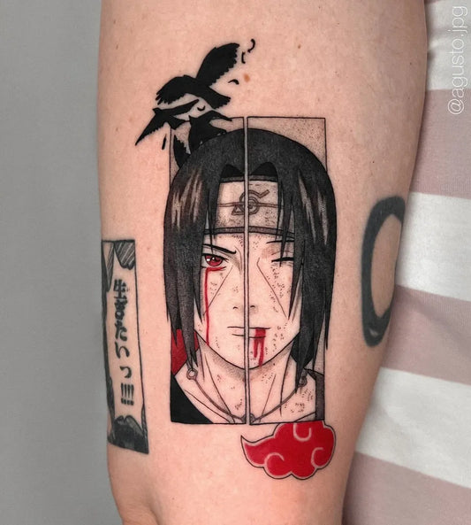 Big Neo Traditional Itachi Uchiha with Sharingan and Crows on Men Arm Tattoo by @agusto.jpg