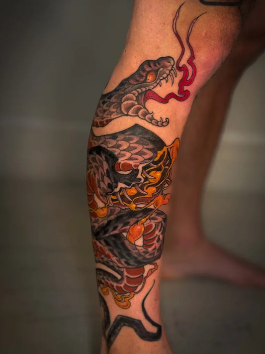 Big Neo Traditional Japanese Snake on Men Leg Tattoo by @ludviglewinsky