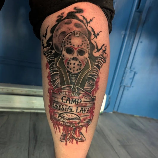 Big Neo Traditional Jason Mask and Camp Crystal Lake Horror Tattoo on Men Thigh by @krissyink.luna