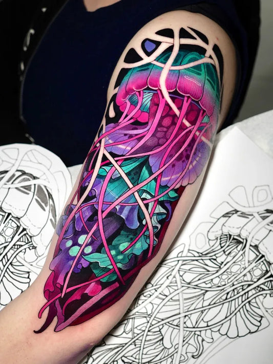 Big Neo Traditional Jellyfish on Women Arm Tattoo by @jeanpaulmaratt