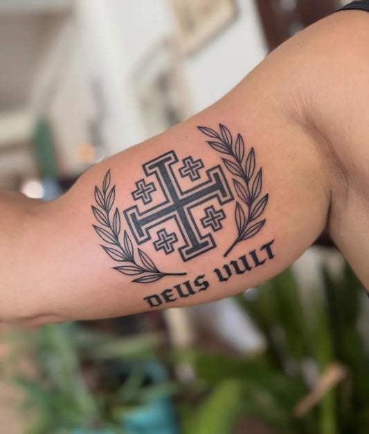 Big Neo Traditional Jerusalem Cross with Laurel Wreath and Deus Vult Text on Men Arm Religious Tattoo by @mike.lopez.tattoo