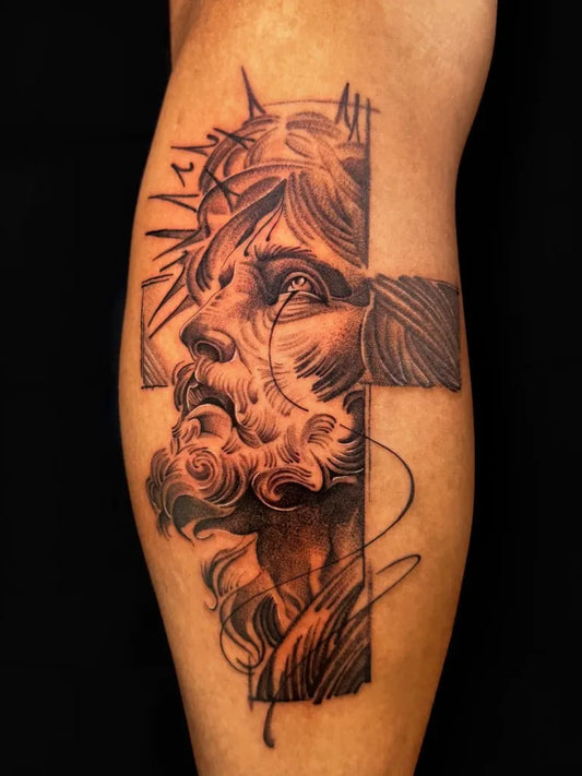 Big Neo Traditional Jesus Christ with Crown of Thorns and Cross on Men Thigh Religious Tattoo by @aj.tats_