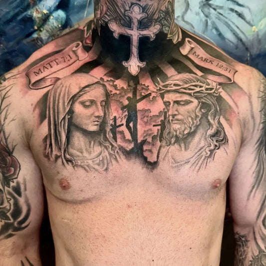 Big Neo Traditional Jesus Mary Cross on Men Chest Religious Tattoo by @treboritattoo