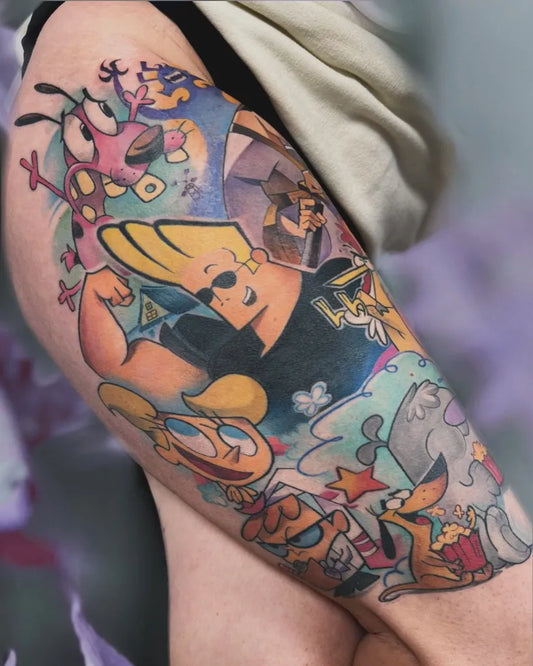 Big Neo Traditional Johnny Bravo and Characters Cartoon Tattoo on Women Thigh by @petjaevlogieva