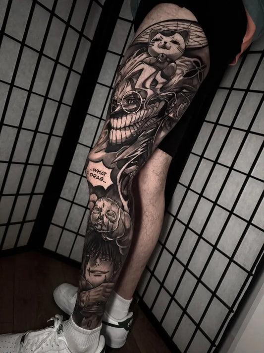 Big Neo Traditional Joker and Sombrero on Men Leg Tattoo by @jrd.ink