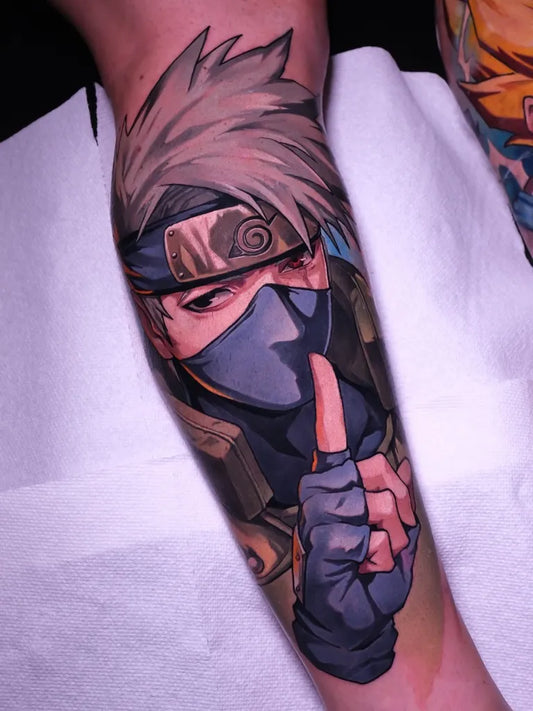 Big Neo Traditional Kakashi Shushing Gesture on Men Arm Tattoo by @harleytattooartist