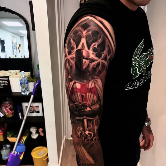 Big Neo Traditional Knight on Men Arm Tattoo by @jacksteere_tattoos_