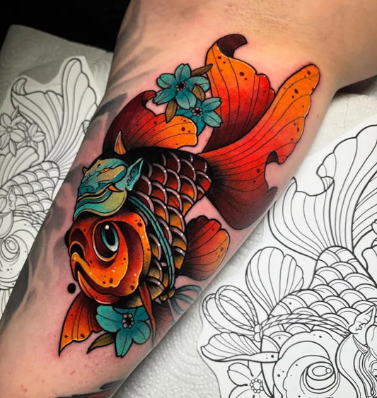 Big Neo Traditional Koi Fish with Flowers on Men Arm Tattoo by @whistlertattoos