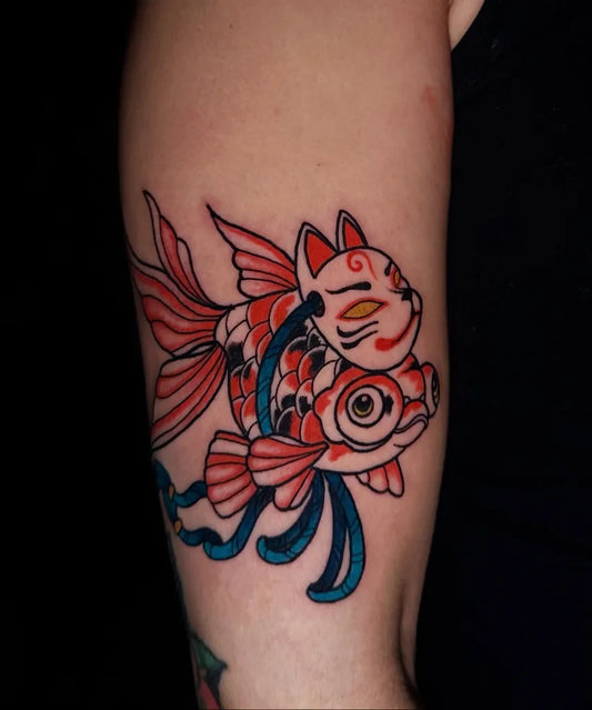Big Neo Traditional Koi and Fox Mask on Women Arm Tattoo by @nikuyacore