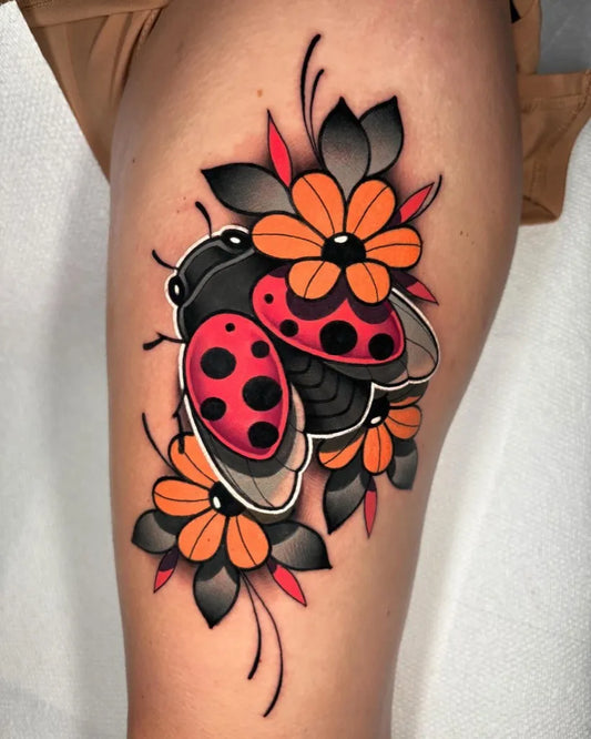 Big Neo Traditional Ladybug and Flowers on Women Thigh Tattoo by @tattoosbymatt_
