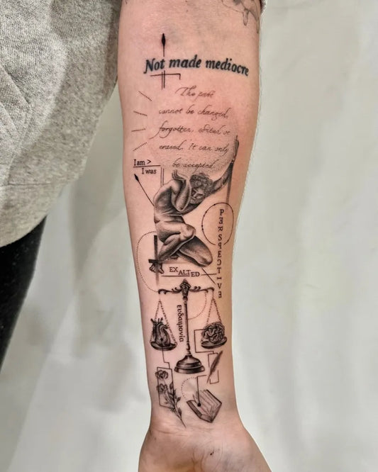 Big Neo Traditional Latin Quote Scales Statue on Men Forearm Tattoo by @wiktoria.tatts