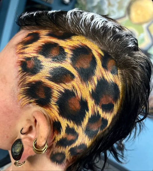Big Neo Traditional Leopard Print Tattoo on Women Head by @ignorantstyletattoo