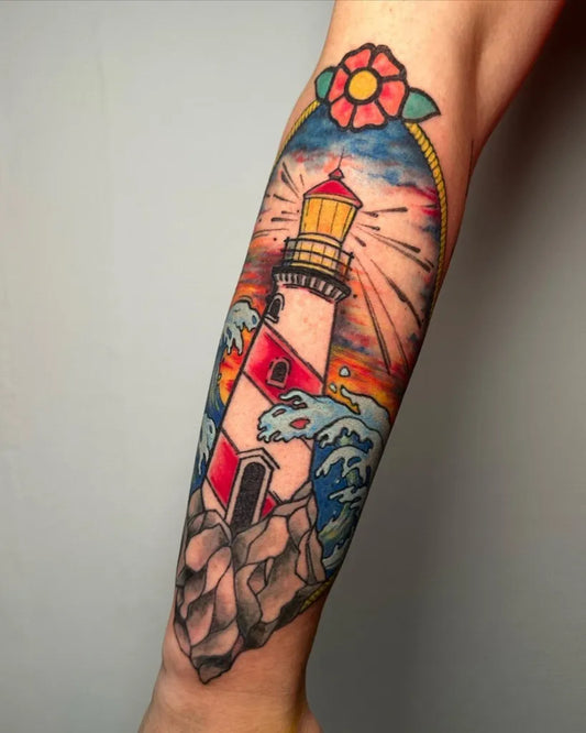 Big Neo Traditional Lighthouse Flower Waves Tattoo on Women Arm by @muro.tattooart