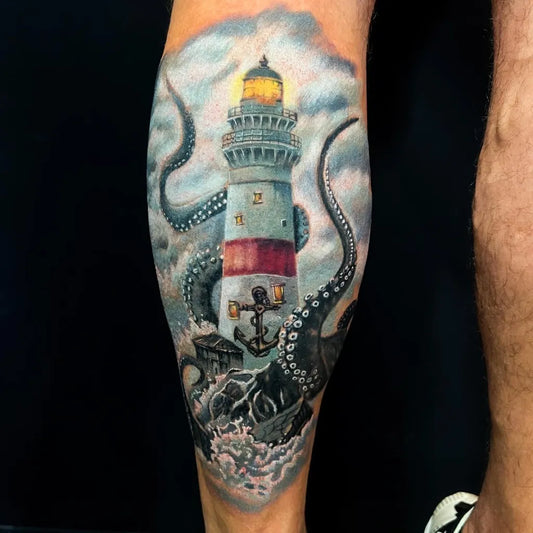Big Neo Traditional Lighthouse Octopus Anchor Tattoo on Men Leg by @tattnroll