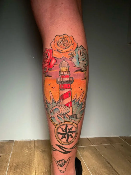 Big Neo Traditional Lighthouse Roses Compass Tattoo on Women Leg by @needletoshout