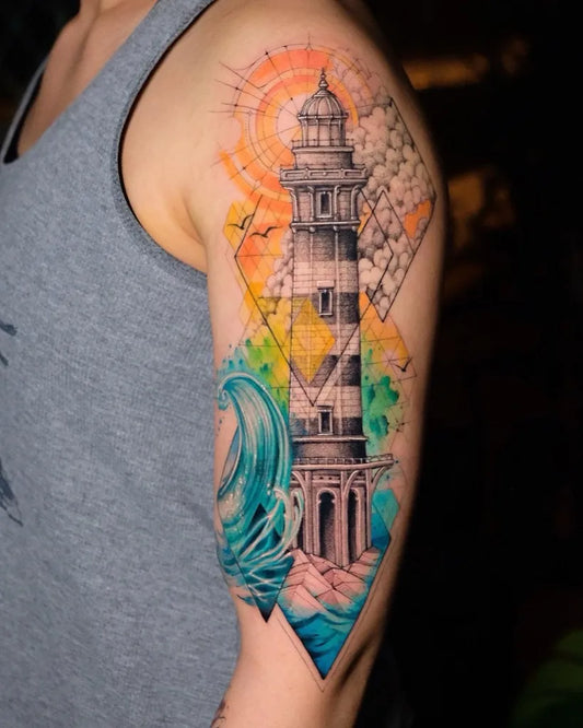 Big Neo Traditional Lighthouse Waves Tattoo on Women Upper Arm by @labeltattoo