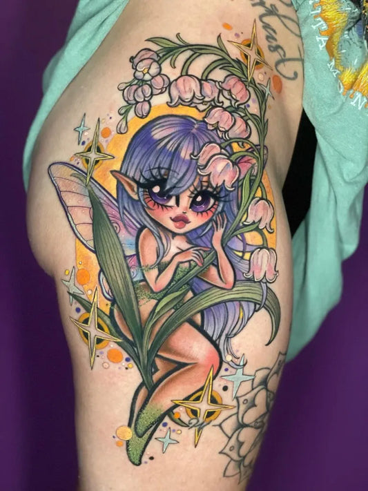 Big Neo Traditional Lily of the Valley Fairy on Women Upper Arm Tattoo by @sarahfigueroatattoos