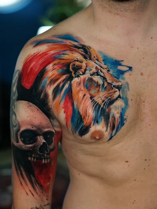 Big Neo Traditional Lion Skull on Men Shoulder Tattoo by @emrahlausbub