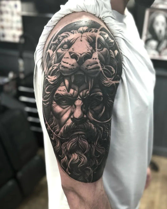 Big Neo Traditional Lion and Zeus Head on Men Arm Tattoo by @will_templeman_tattoos