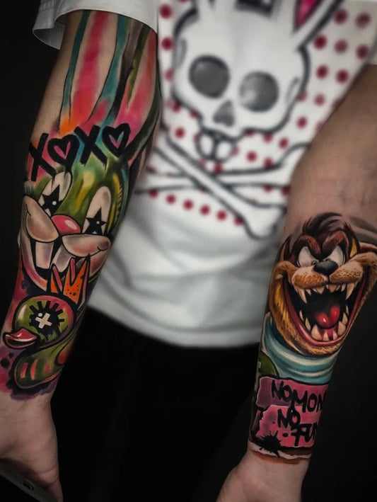 Big Neo Traditional Looney Tunes Characters Cartoon Tattoo on Men Arm by @blondie_tattoo