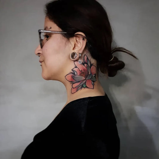Big Neo Traditional Lotus Flower on Women Neck Tattoo by @sonerkurak.tattoo
