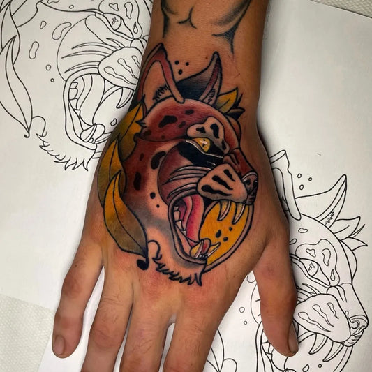 Big Neo Traditional Lynx Head on Men Hand Tattoo by @villodrestattoo