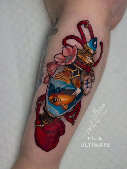 Big Neo Traditional Magic Potion Bottle with Goldfish on Women Thigh Tattoo by @neotraditionalrussia