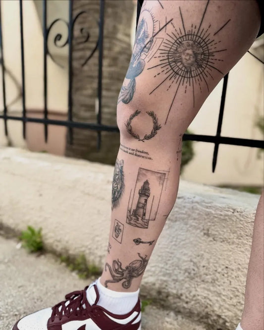 Big Neo Traditional Mandala Sun and Tower on Men Leg Tattoo by @zeynepkayatattooer
