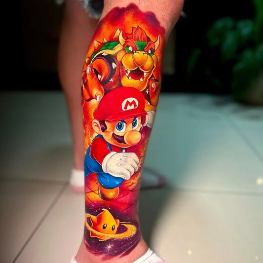 Big Neo Traditional Mario Bowser Yoshi Cartoon Tattoo on Women Leg by @prime_ink_tattoo