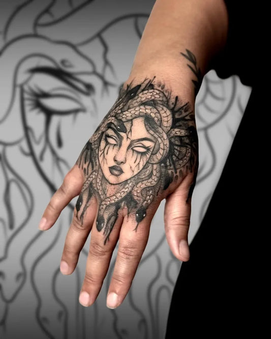 Big Neo Traditional Medusa Head with Snakes on Women Hand Tattoo by @inkedwolfie