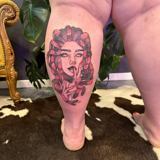Big Neo Traditional Medusa Tattoo on Women Calf by @liezylblairtattoos