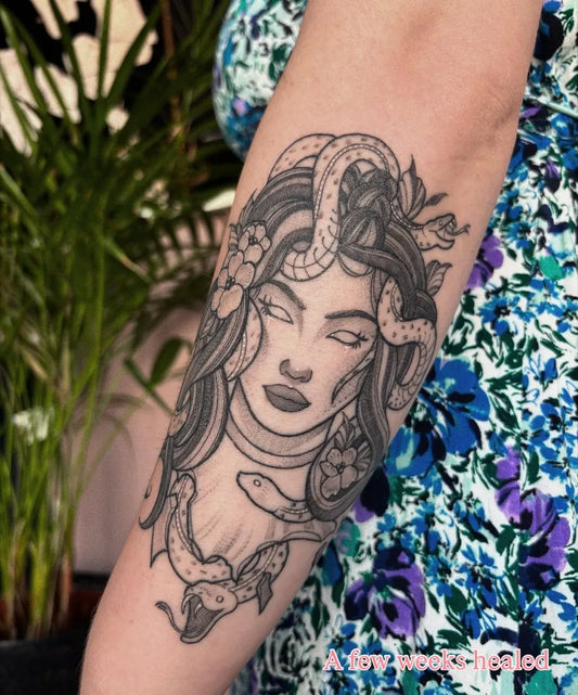 Big Neo Traditional Medusa and Snakes on Women Arm Tattoo by @katttattoo